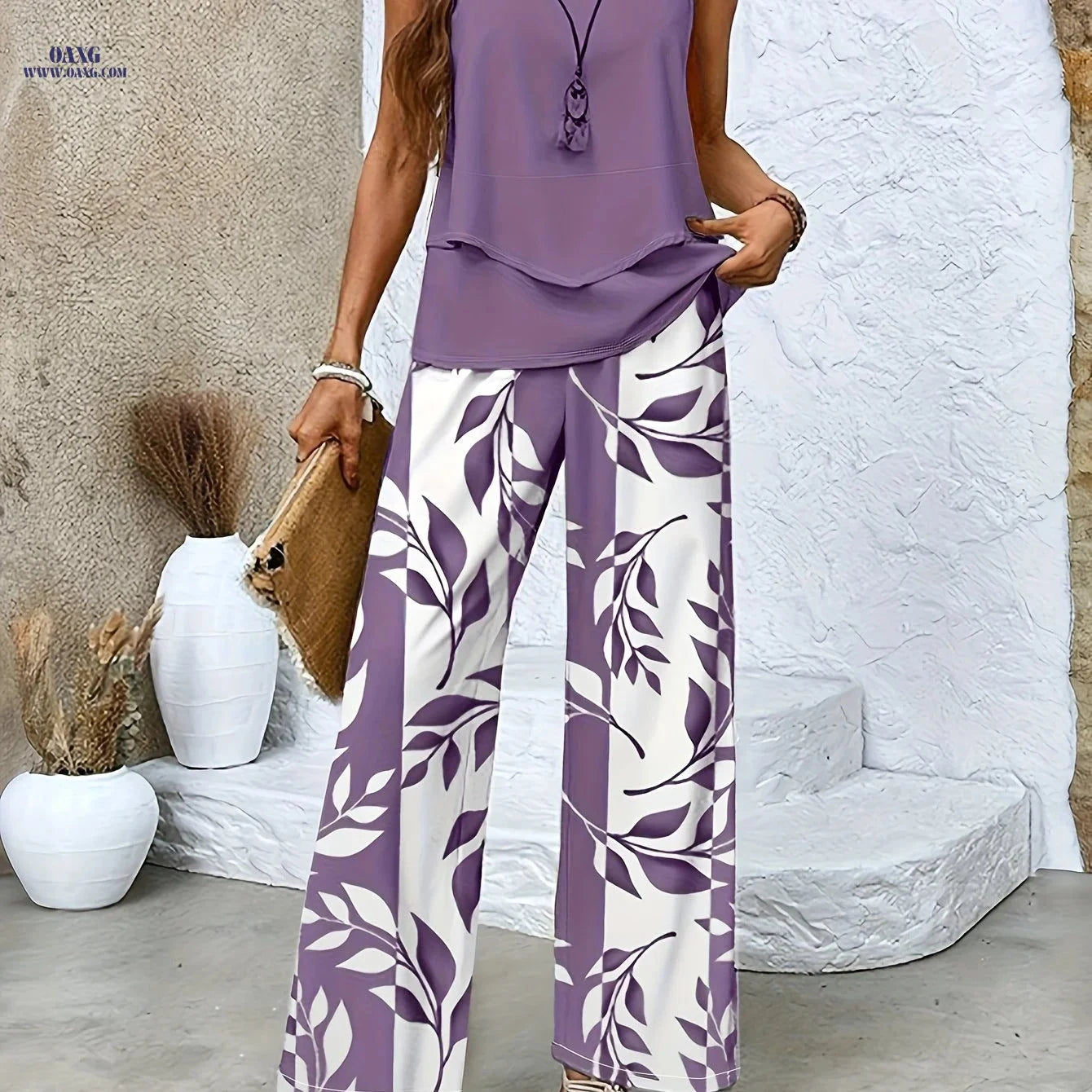 Elegant Women's Floral Print Sleeveless Top & Wide-Leg Pants Set   OAXG Matcha Color / S
