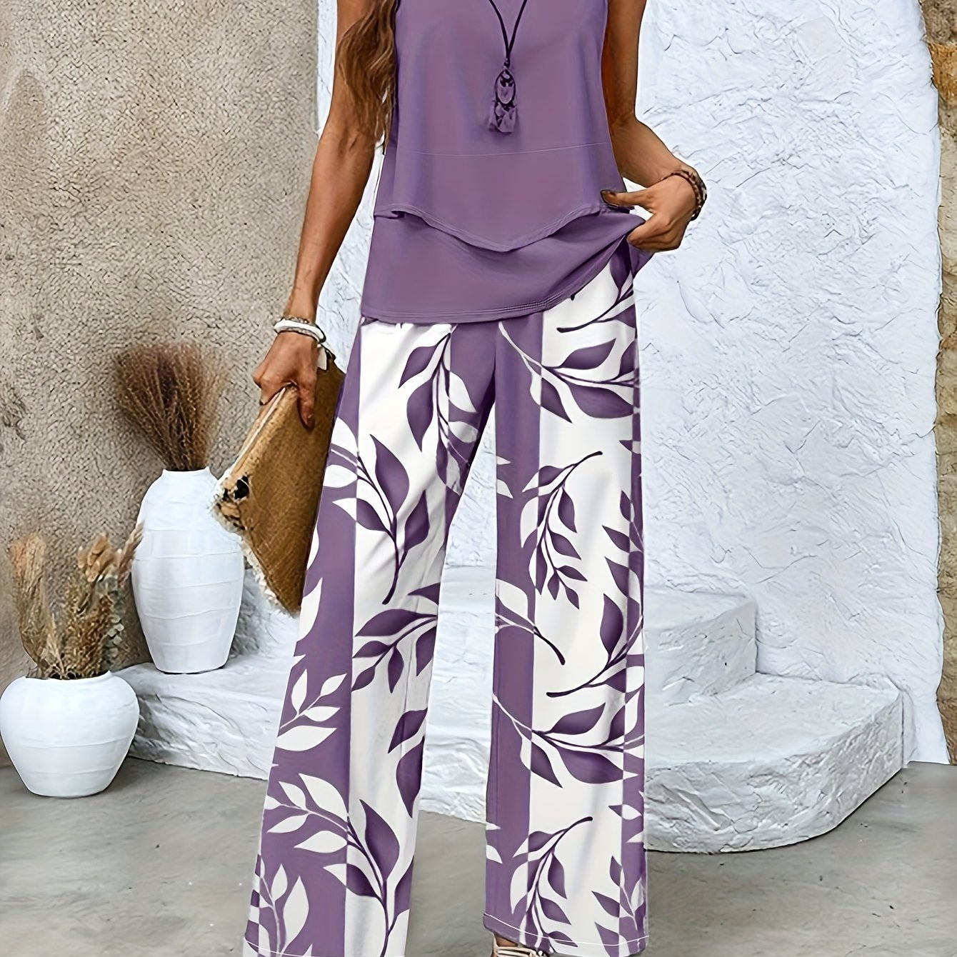 Elegant Women's Floral Print Sleeveless Top & Wide-Leg Pants Set   OAXG Matcha Color / S