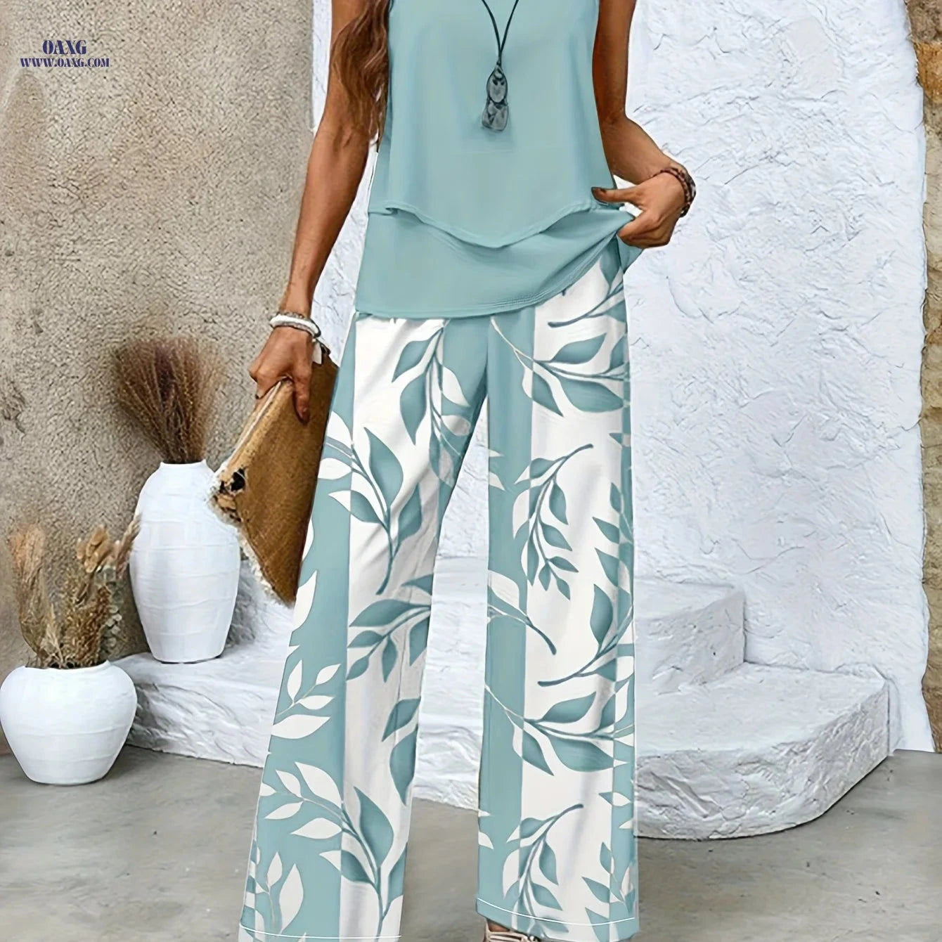 Elegant Women's Floral Print Sleeveless Top & Wide-Leg Pants Set   OAXG Matcha Color / S