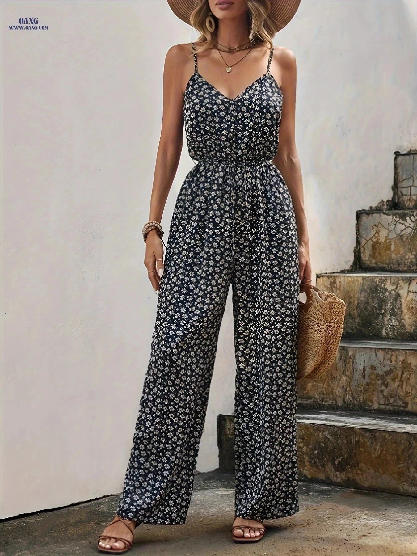 Elegant Women's Floral Print Spaghetti Strap Jumpsuit - Italian Style   OAXG Black / XS