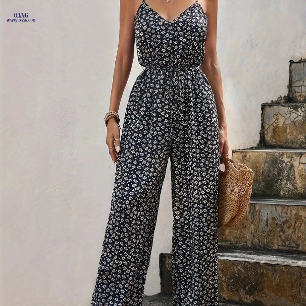 Elegant Women's Floral Print Spaghetti Strap Jumpsuit - Italian Style   OAXG Black / XS