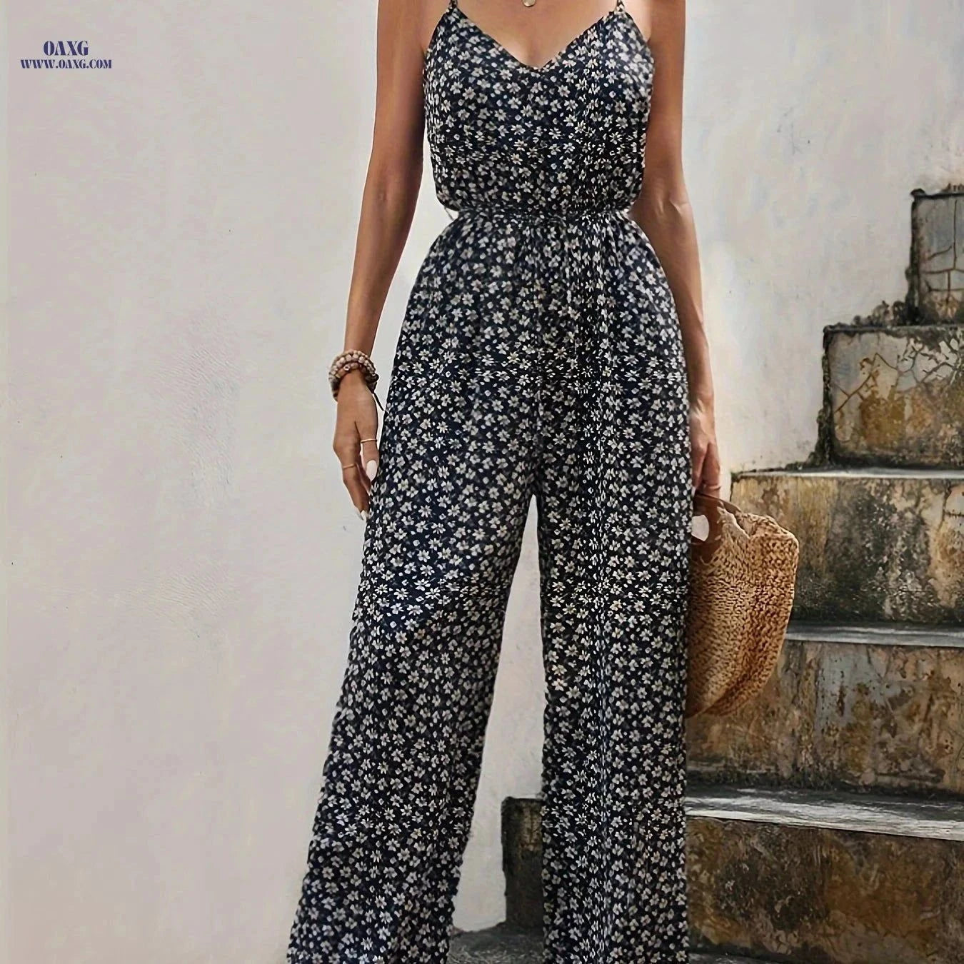 Elegant Women's Floral Print Spaghetti Strap Jumpsuit - Italian Style   OAXG Black / XS