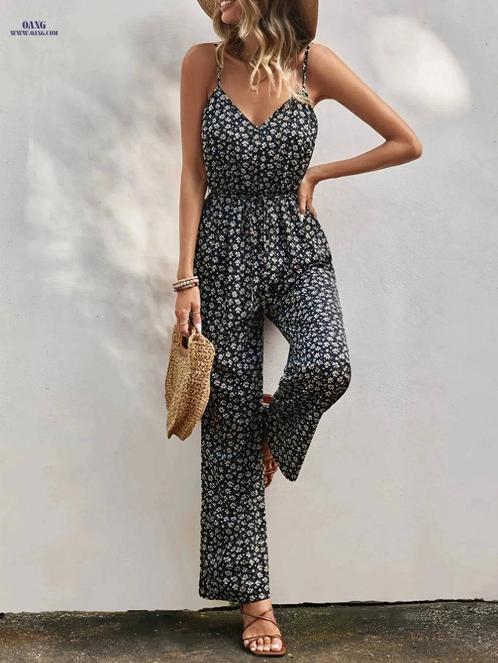 Elegant Women's Floral Print Spaghetti Strap Jumpsuit - Italian Style   OAXG Black / XS