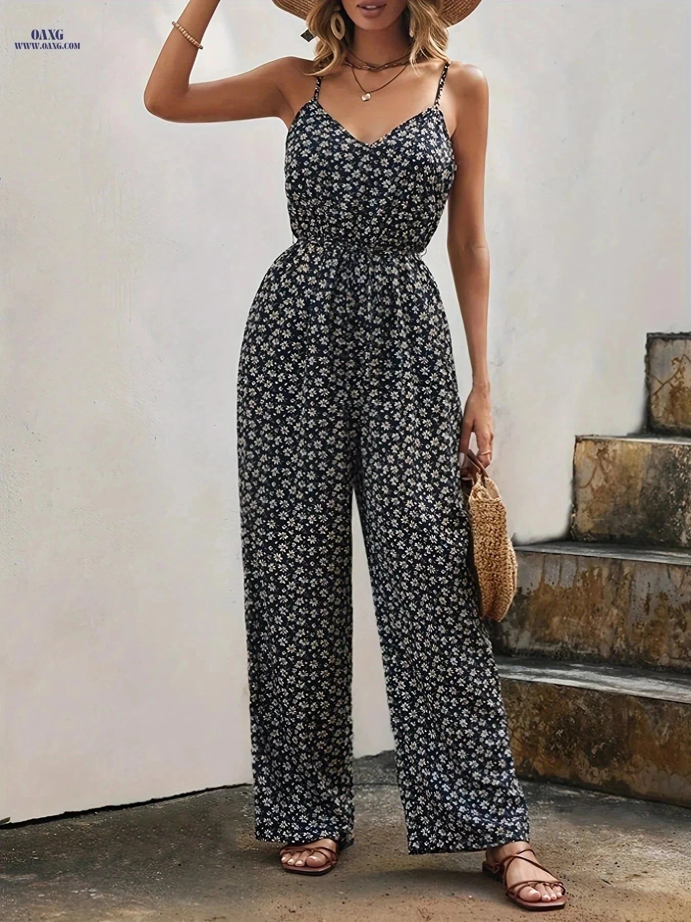 Elegant Women's Floral Print Spaghetti Strap Jumpsuit - Italian Style   OAXG Black / XS