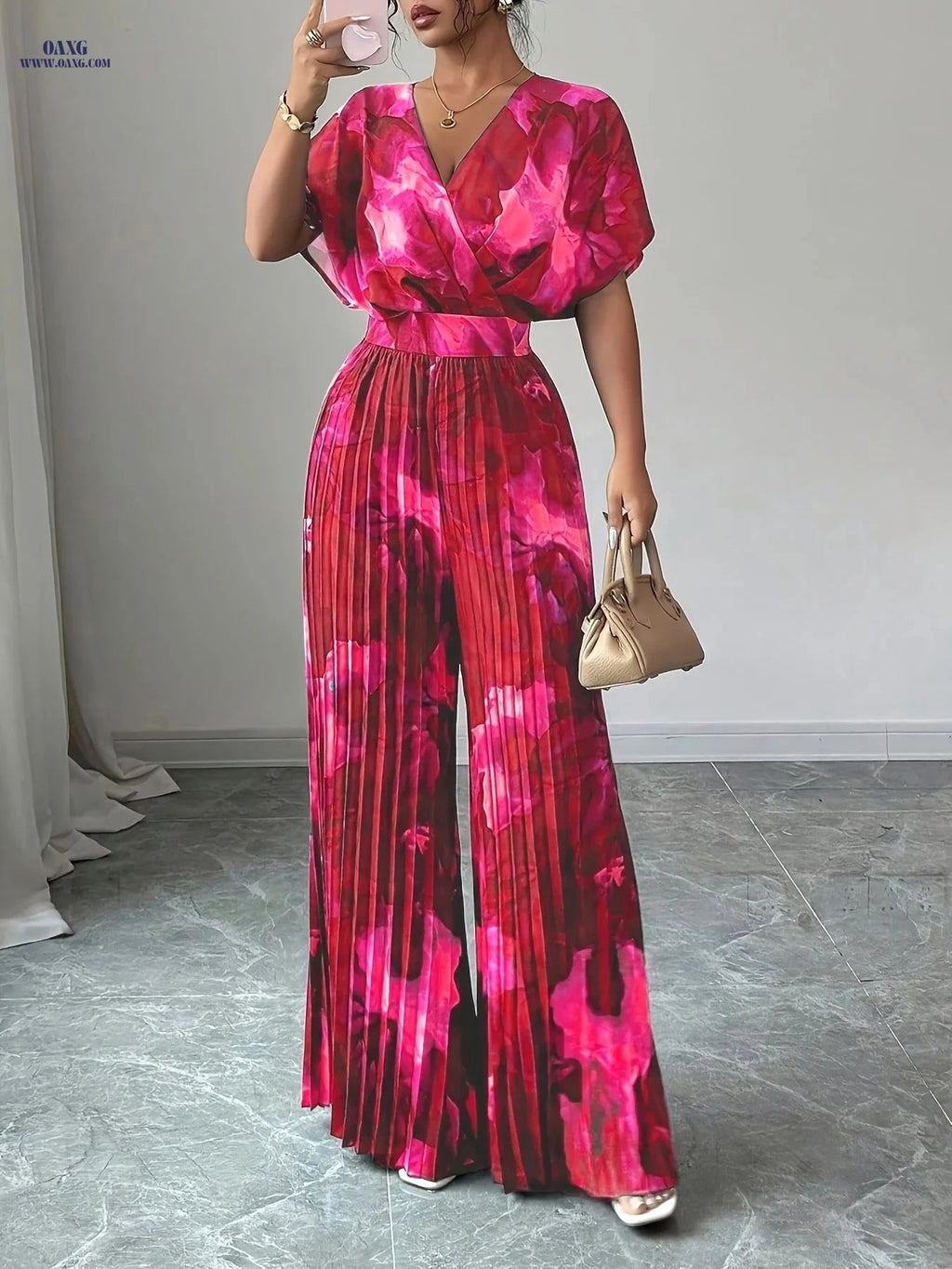 Elegant Women's Floral Print V-Neck Jumpsuit - Spring/Summer Style   OAXG 