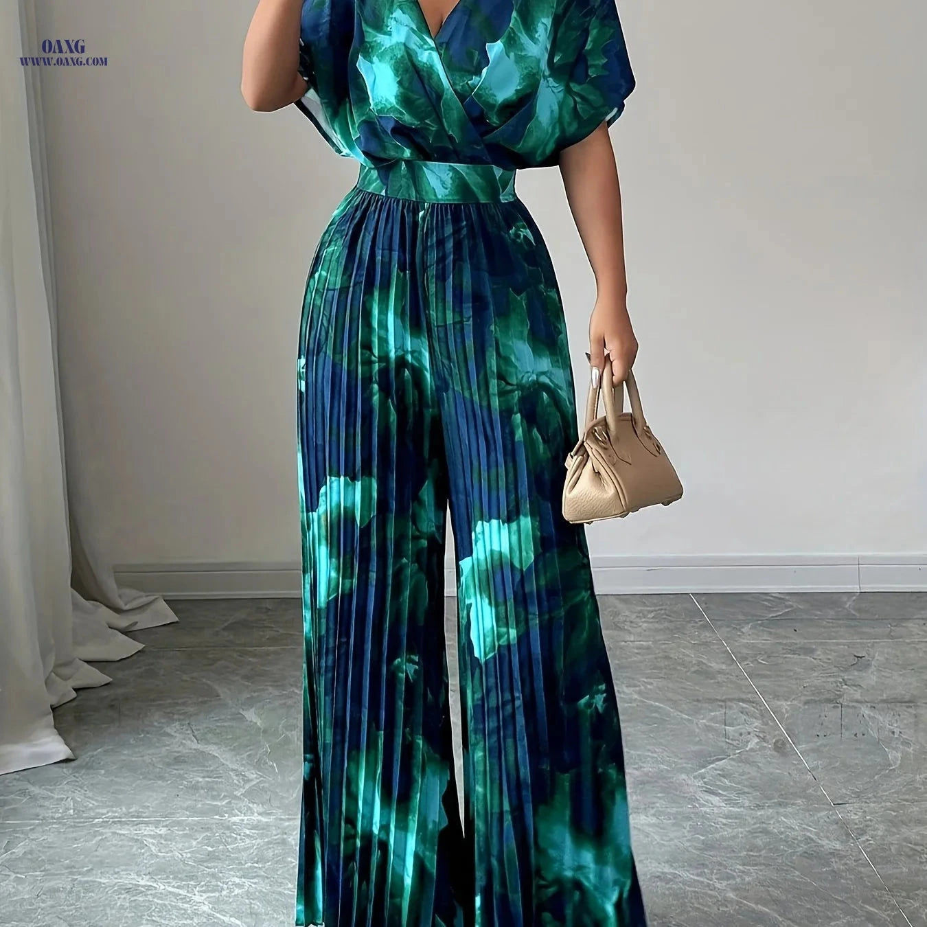 Elegant Women's Floral Print V-Neck Jumpsuit - Spring/Summer Style   OAXG 