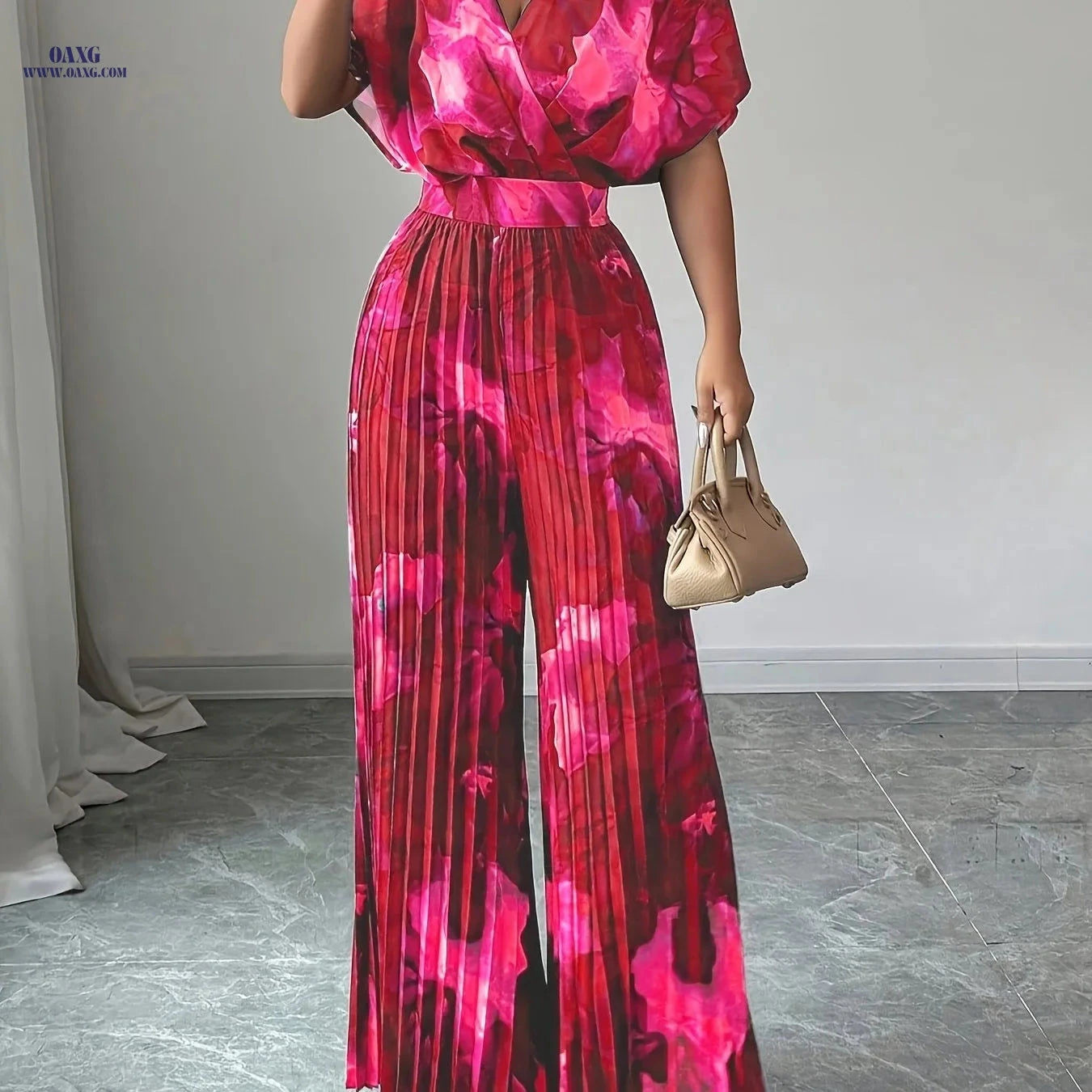 Elegant Women's Floral Print V-Neck Jumpsuit - Spring/Summer Style   OAXG Dark Cyan / S