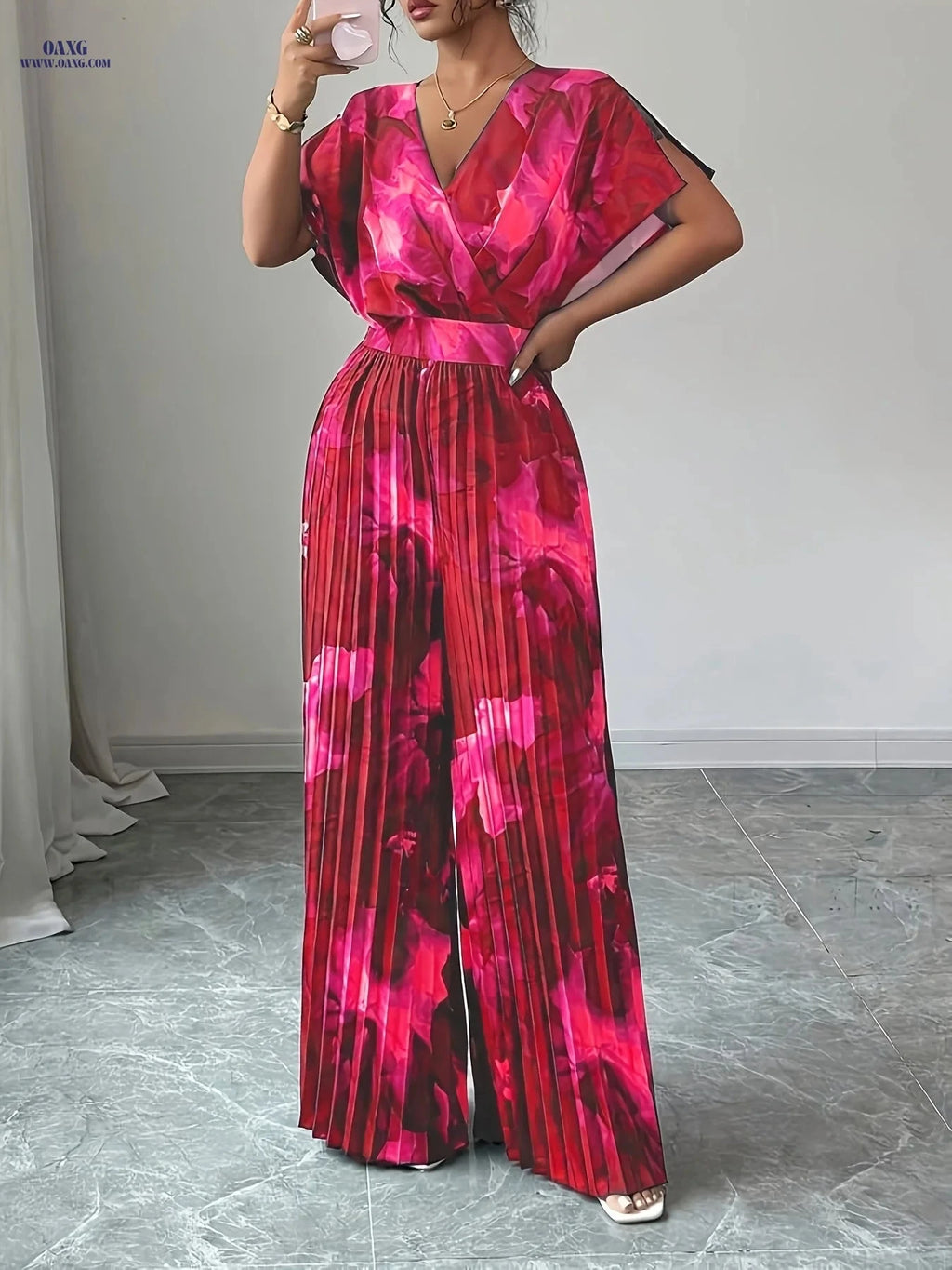 Elegant Women's Floral Print V-Neck Jumpsuit - Spring/Summer Style   OAXG Dark Cyan / S