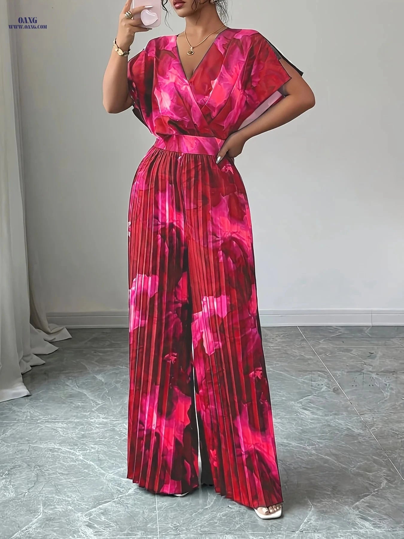 Elegant Women's Floral Print V-Neck Jumpsuit - Spring/Summer Style   OAXG Dark Cyan / S