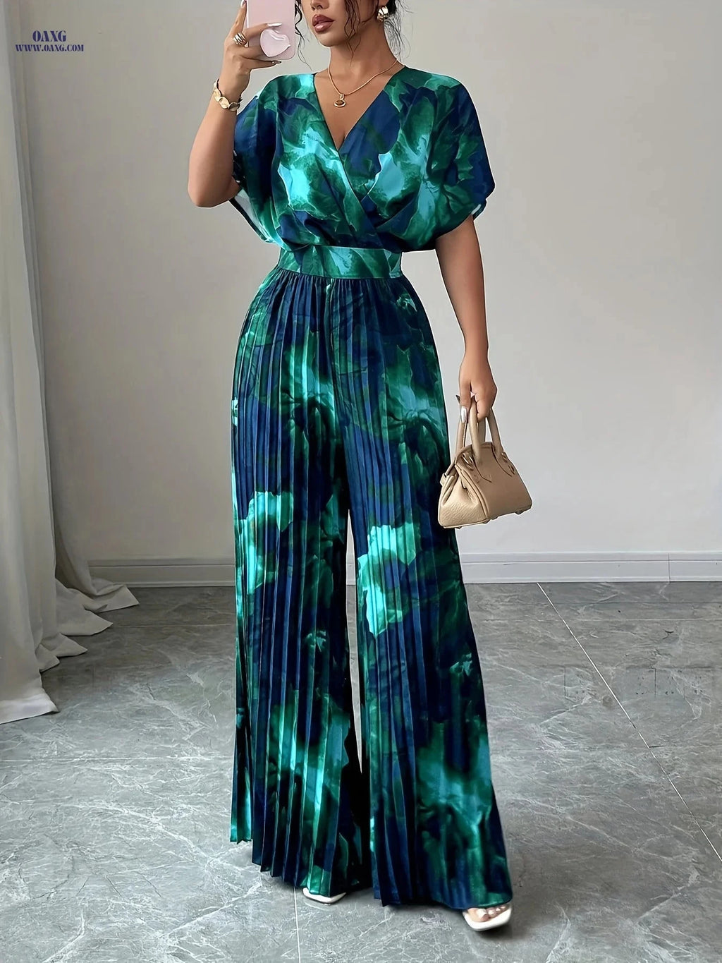 Elegant Women's Floral Print V-Neck Jumpsuit - Spring/Summer Style   OAXG Dark Cyan / S