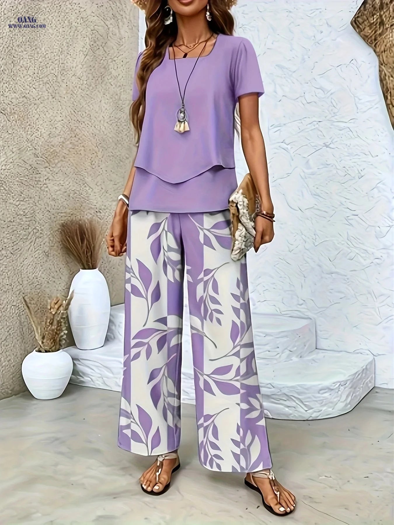 Elegant Women's Floral Printed Set - Short Sleeve & Pants   OAXG 