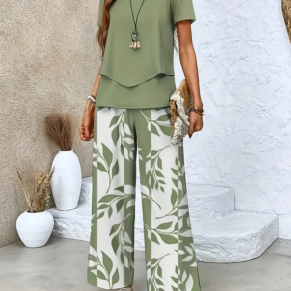 Elegant Women's Floral Printed Set - Short Sleeve & Pants   OAXG 