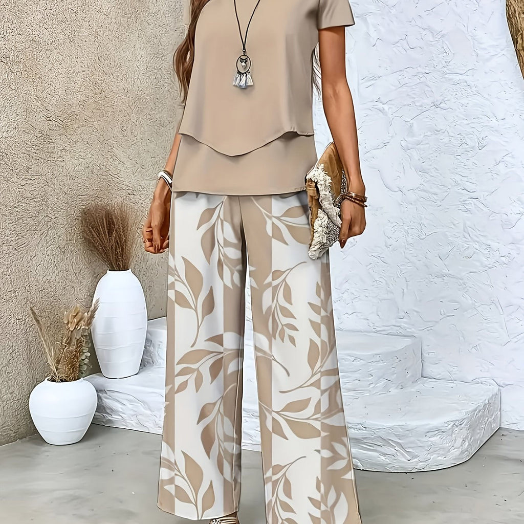 Elegant Women's Floral Printed Set - Short Sleeve & Pants   OAXG 