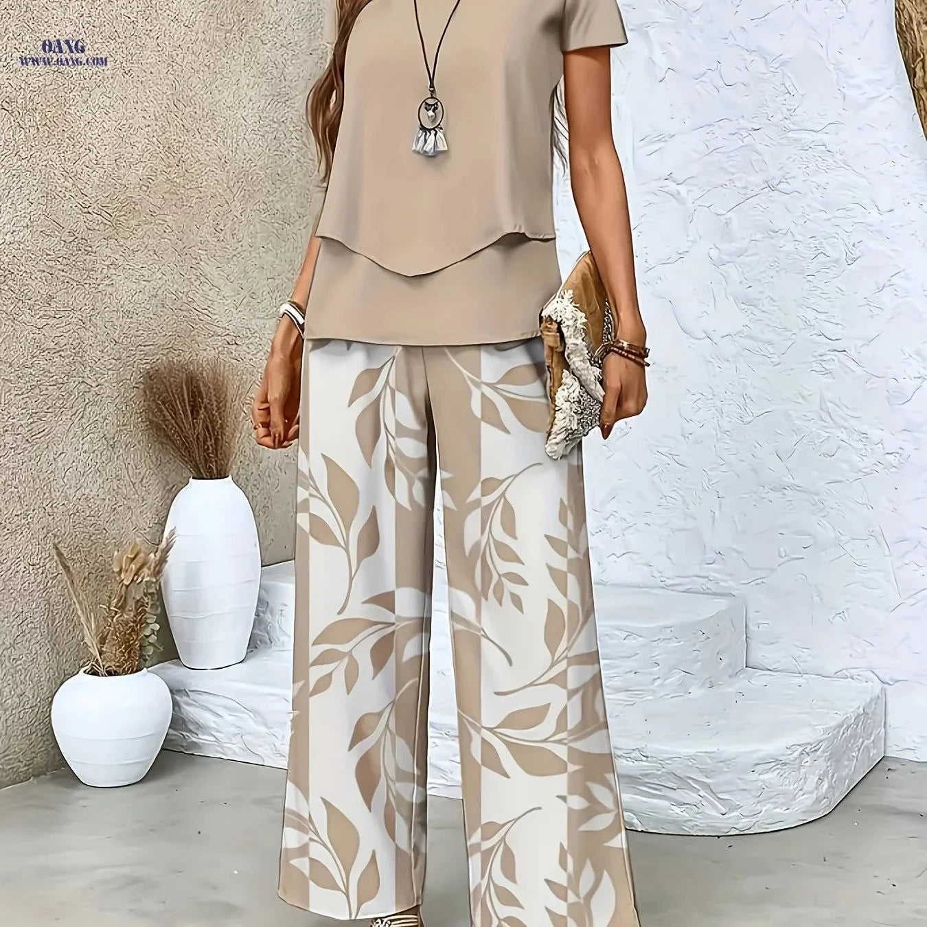 Elegant Women's Floral Printed Set - Short Sleeve & Pants   OAXG 