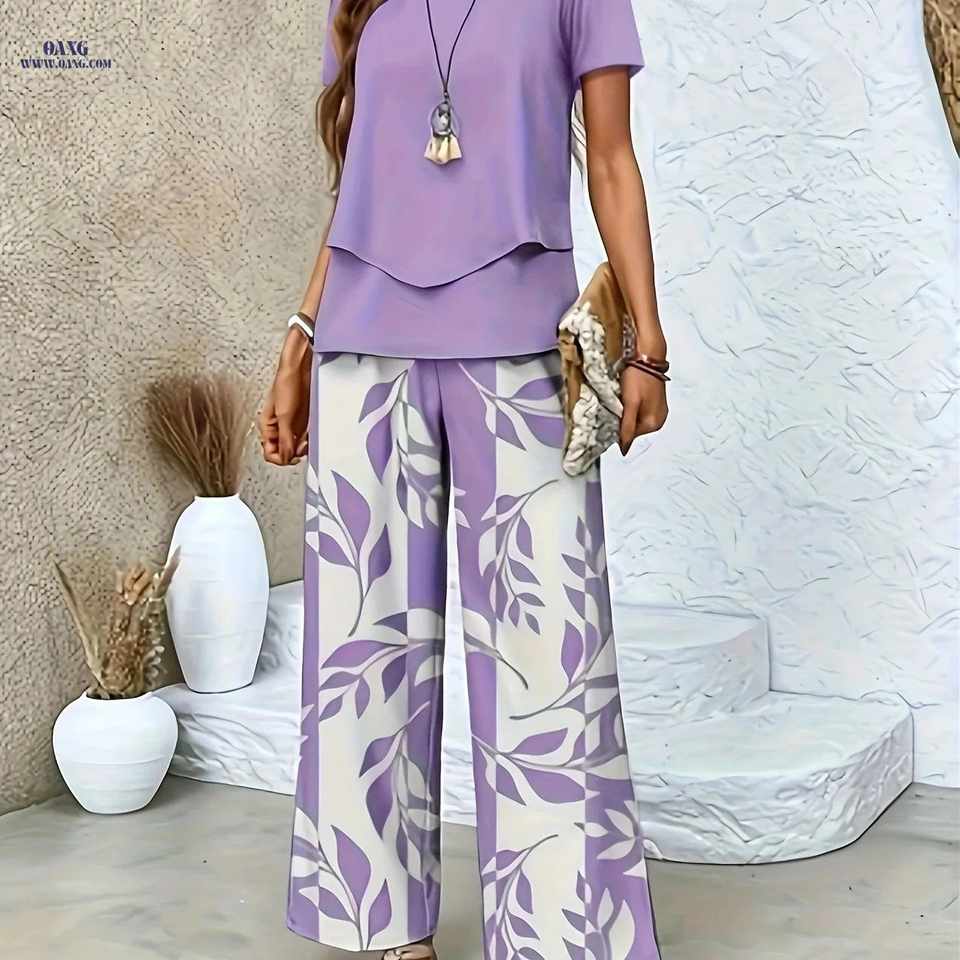 Elegant Women's Floral Printed Set - Short Sleeve & Pants   OAXG 