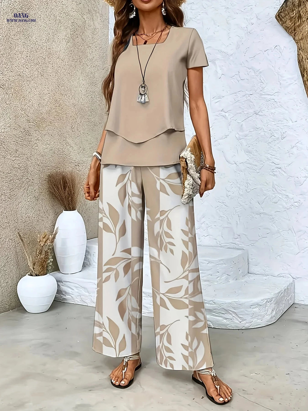 Elegant Women's Floral Printed Set - Short Sleeve & Pants   OAXG khaki flower type / S