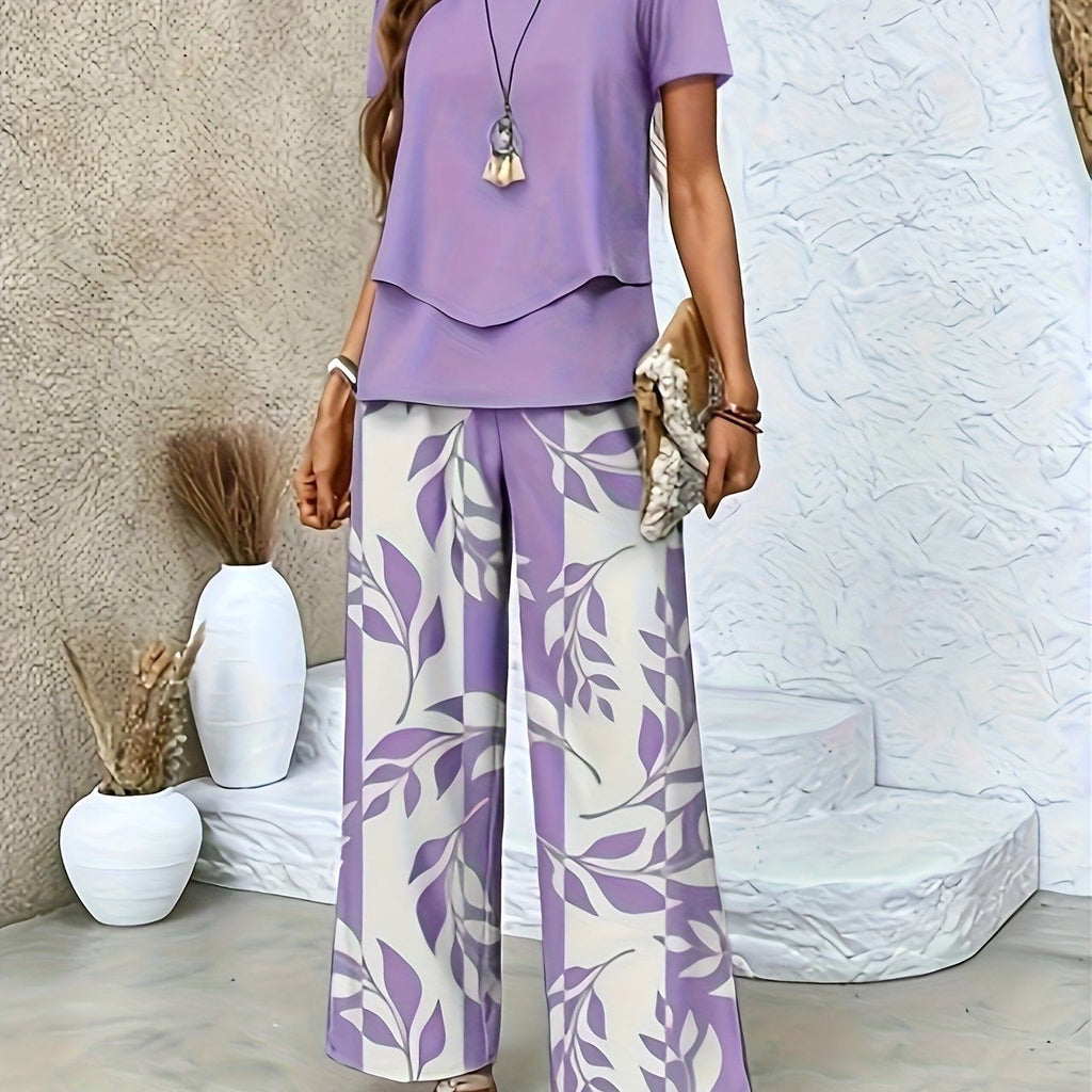 Elegant Women's Floral Printed Set - Short Sleeve & Pants   OAXG khaki flower type / S