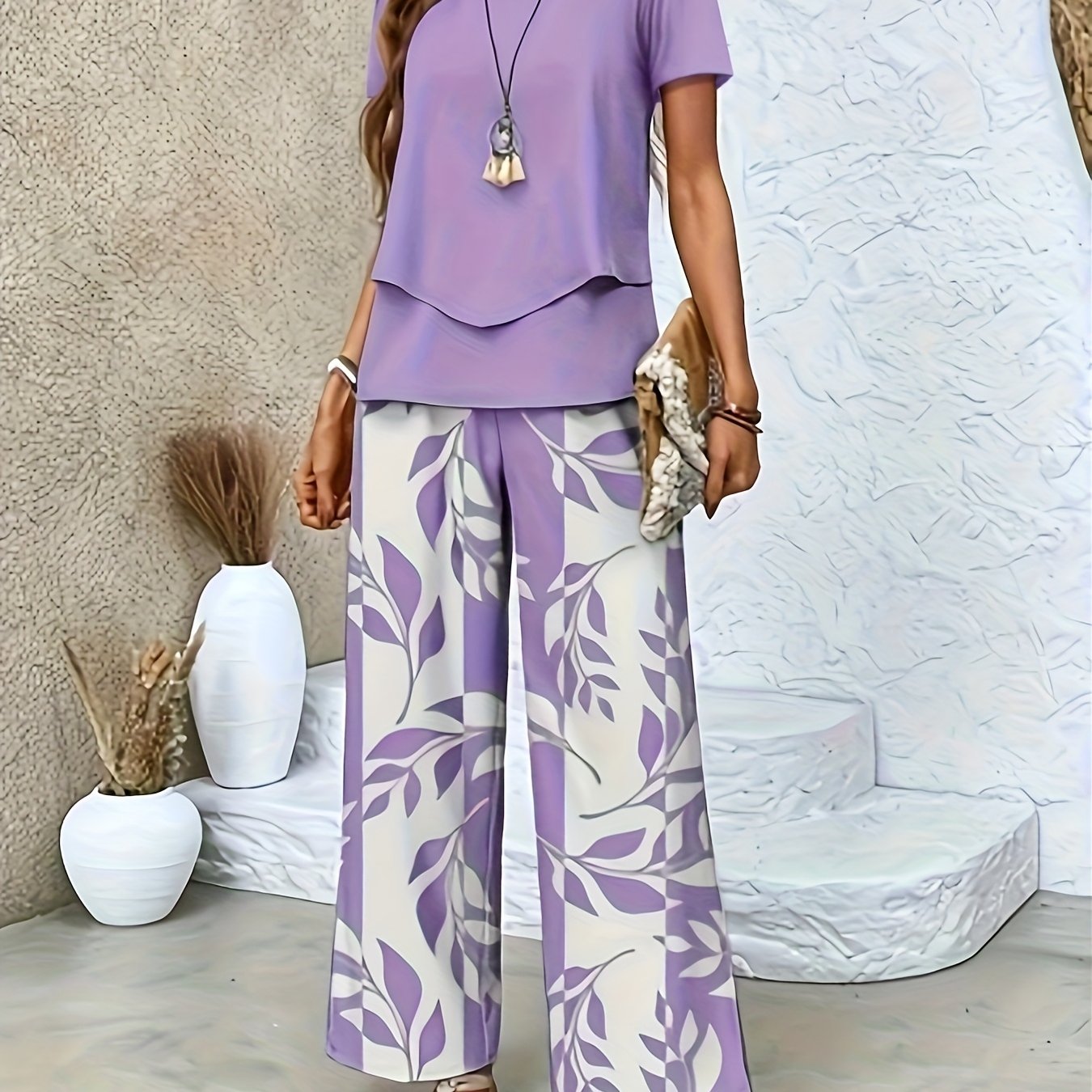 Elegant Women's Floral Printed Set - Short Sleeve & Pants   OAXG khaki flower type / S