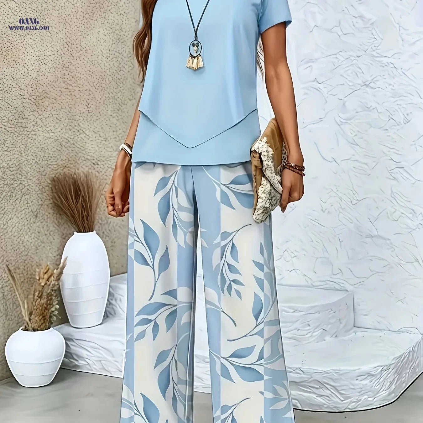 Elegant Women's Floral Printed Set - Short Sleeve & Pants   OAXG khaki flower type / S