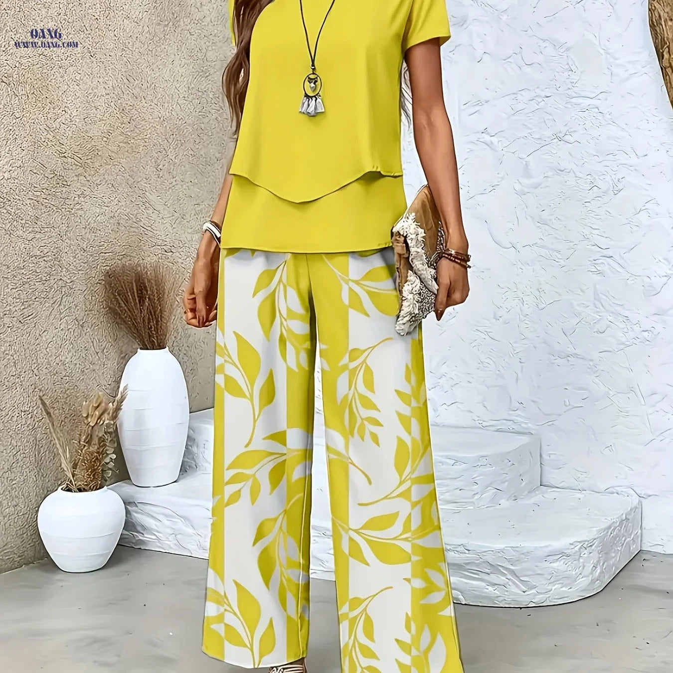 Elegant Women's Floral Printed Set - Short Sleeve & Pants   OAXG khaki flower type / S