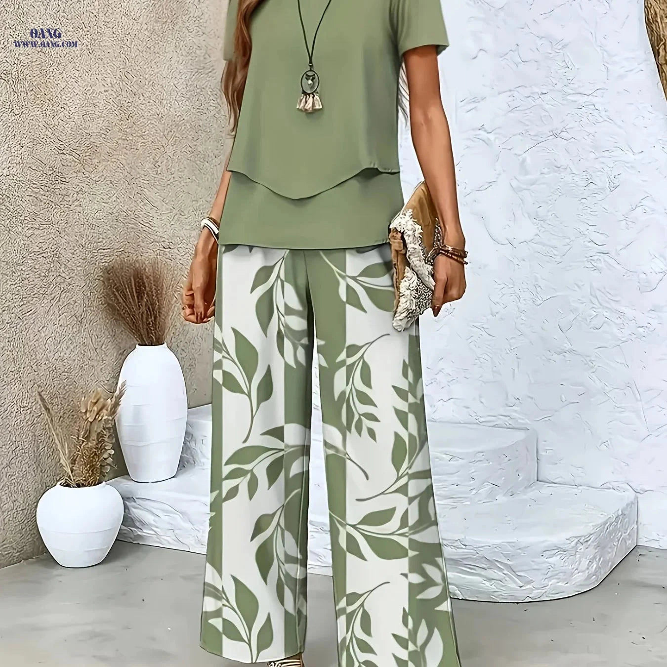 Elegant Women's Floral Printed Set - Short Sleeve & Pants   OAXG khaki flower type / S