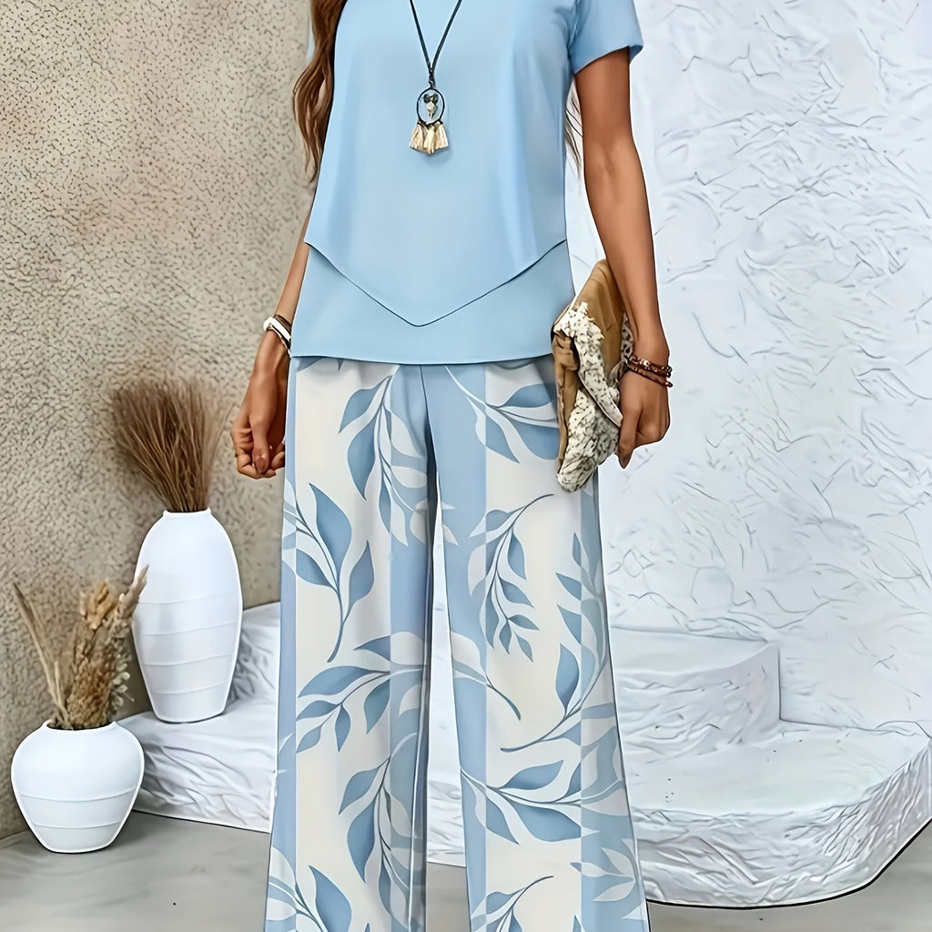 Elegant Women's Floral Printed Set - Short Sleeve & Pants   OAXG 