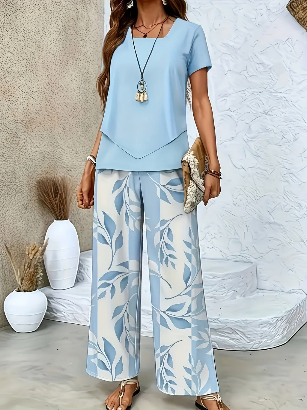 Elegant Women's Floral Printed Set - Short Sleeve & Pants   OAXG 