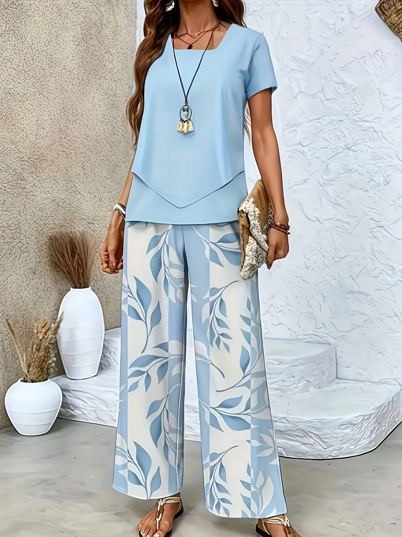 Elegant Women's Floral Printed Set - Short Sleeve & Pants   OAXG 