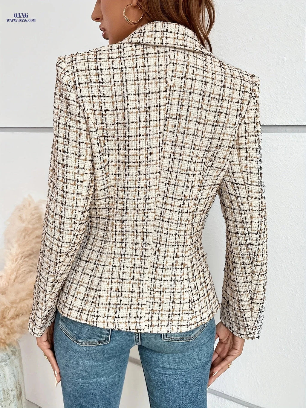 Elegant Women's French Plaid Double-Breasted Tweed Suit - Chic Style   OAXG Black / S