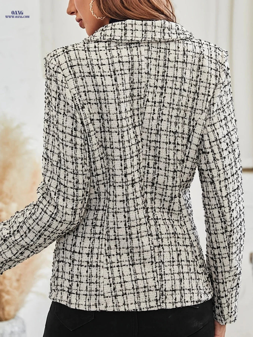 Elegant Women's French Plaid Double-Breasted Tweed Suit - Chic Style   OAXG Black / S