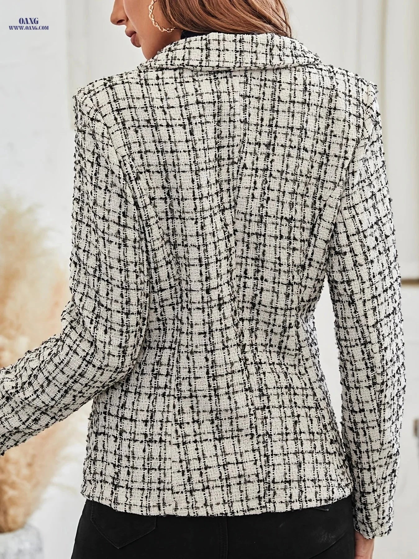 Elegant Women's French Plaid Double-Breasted Tweed Suit - Chic Style   OAXG Black / S