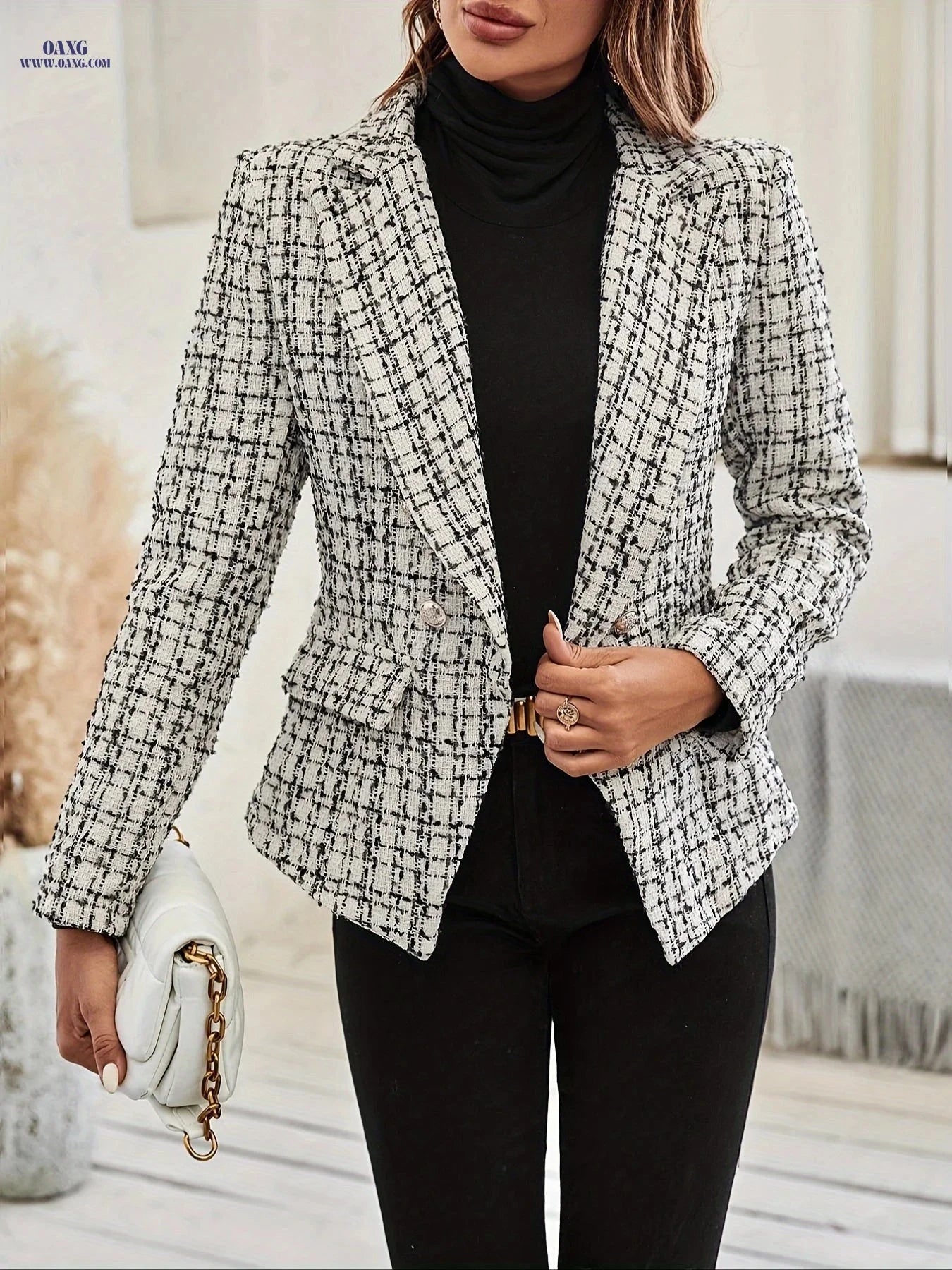 Elegant Women's French Plaid Double-Breasted Tweed Suit - Chic Style   OAXG Black / S