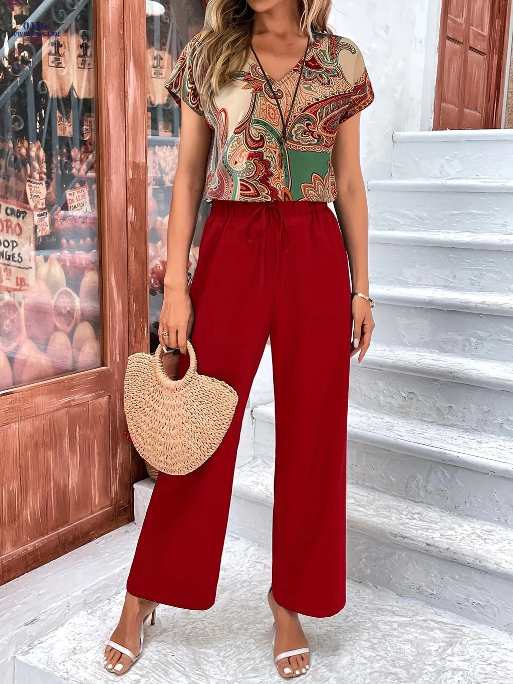 Elegant Women's Green Pantsuit - Floral Design for Spring/Summer   OAXG Black / S