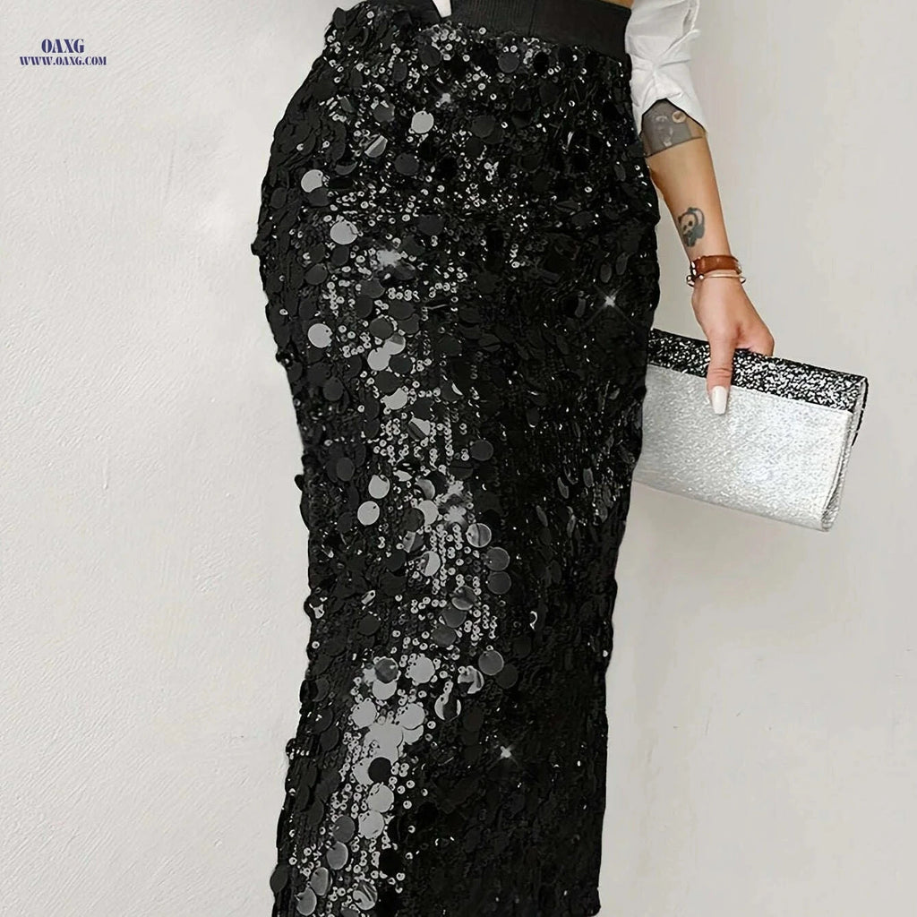 Elegant Women's High Waist Bodycon Skirt - Solid Color, Mid-Length   OAXG Black / S