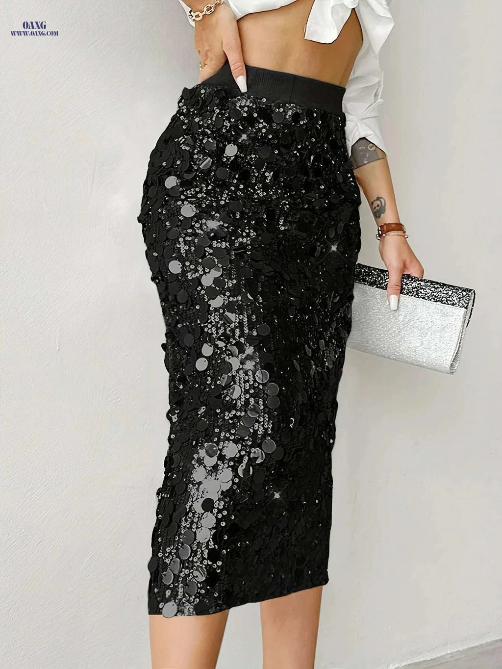 Elegant Women's High Waist Bodycon Skirt - Solid Color, Mid-Length   OAXG 