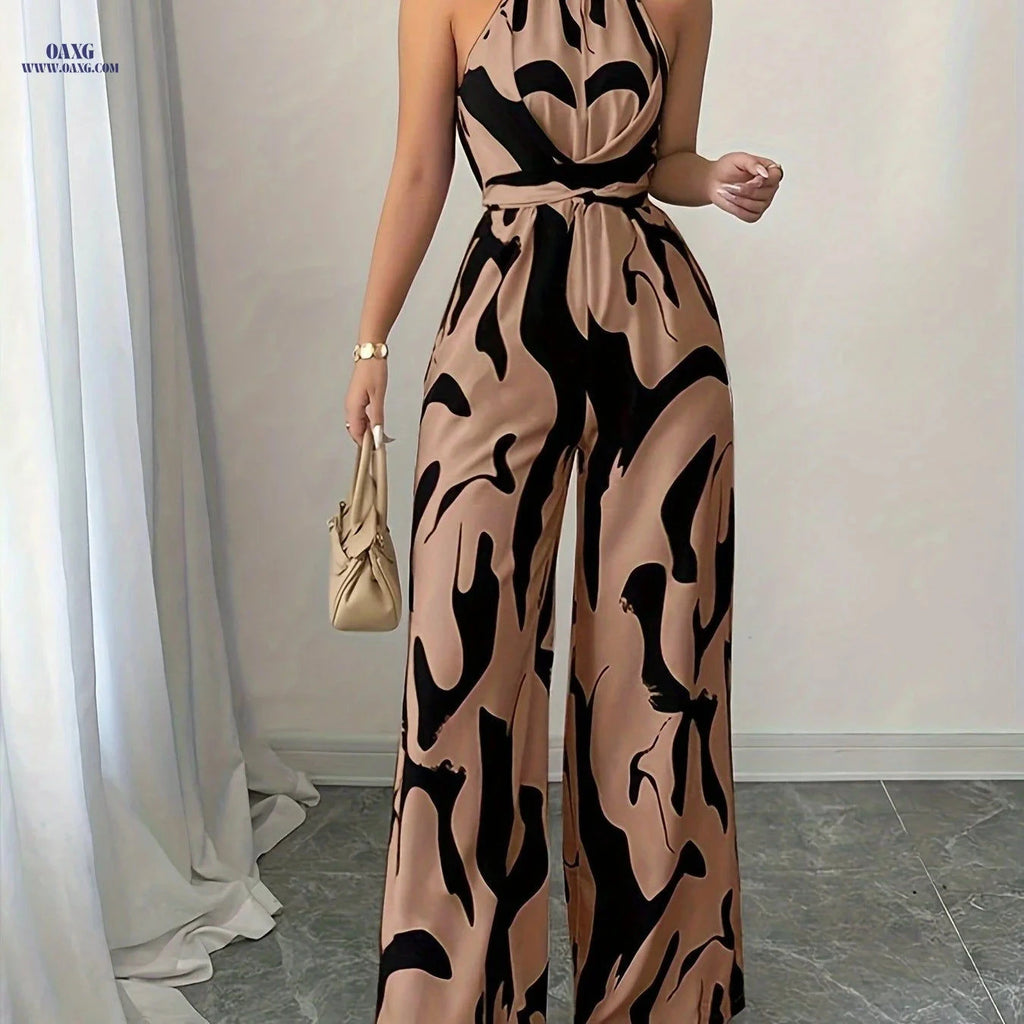 Elegant Women's High Waist Jumpsuit - Halter Neck, Abstract Print   OAXG Mixed Color / S