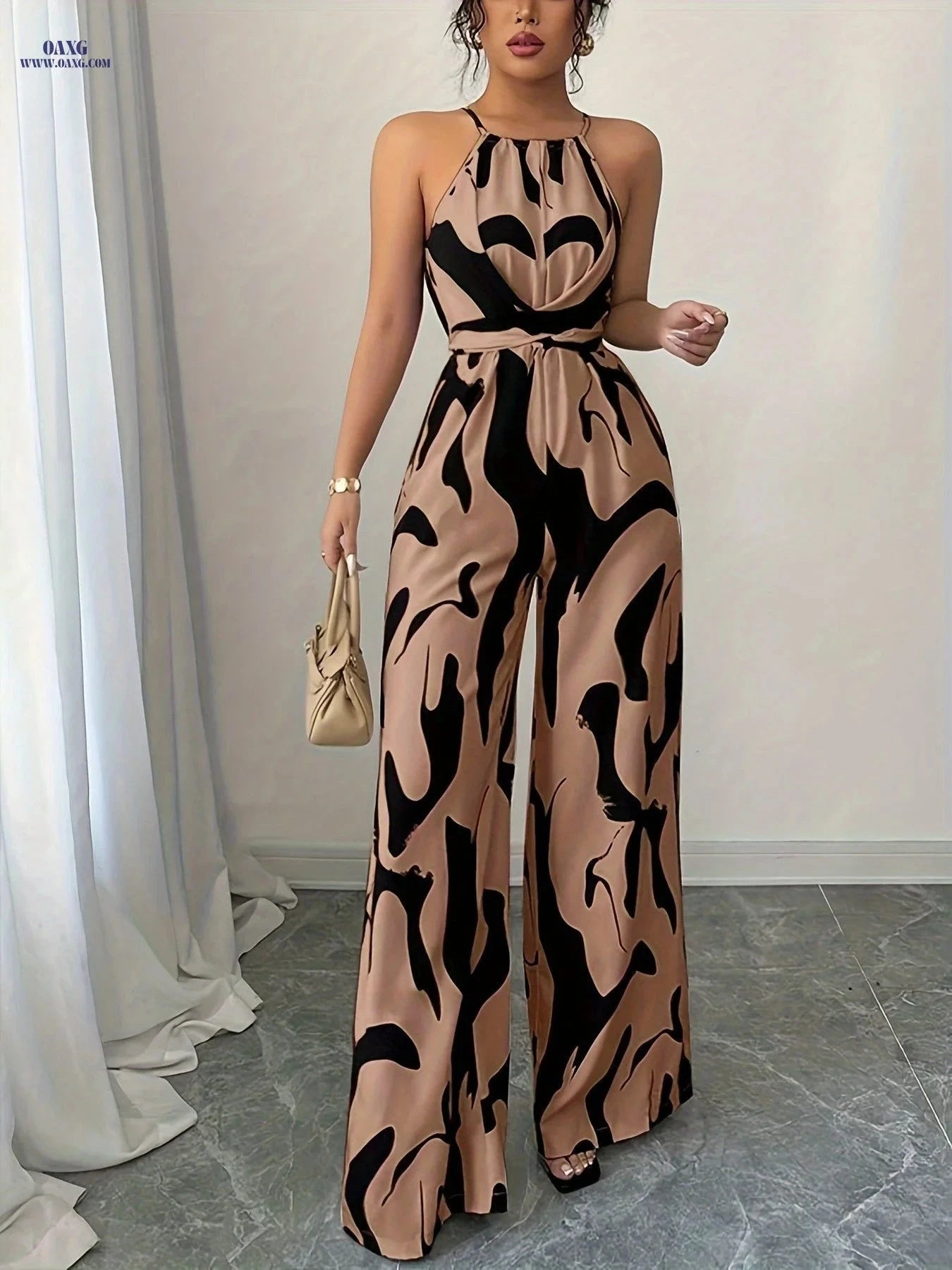 Elegant Women's High Waist Jumpsuit - Halter Neck, Abstract Print   OAXG Mixed Color / S