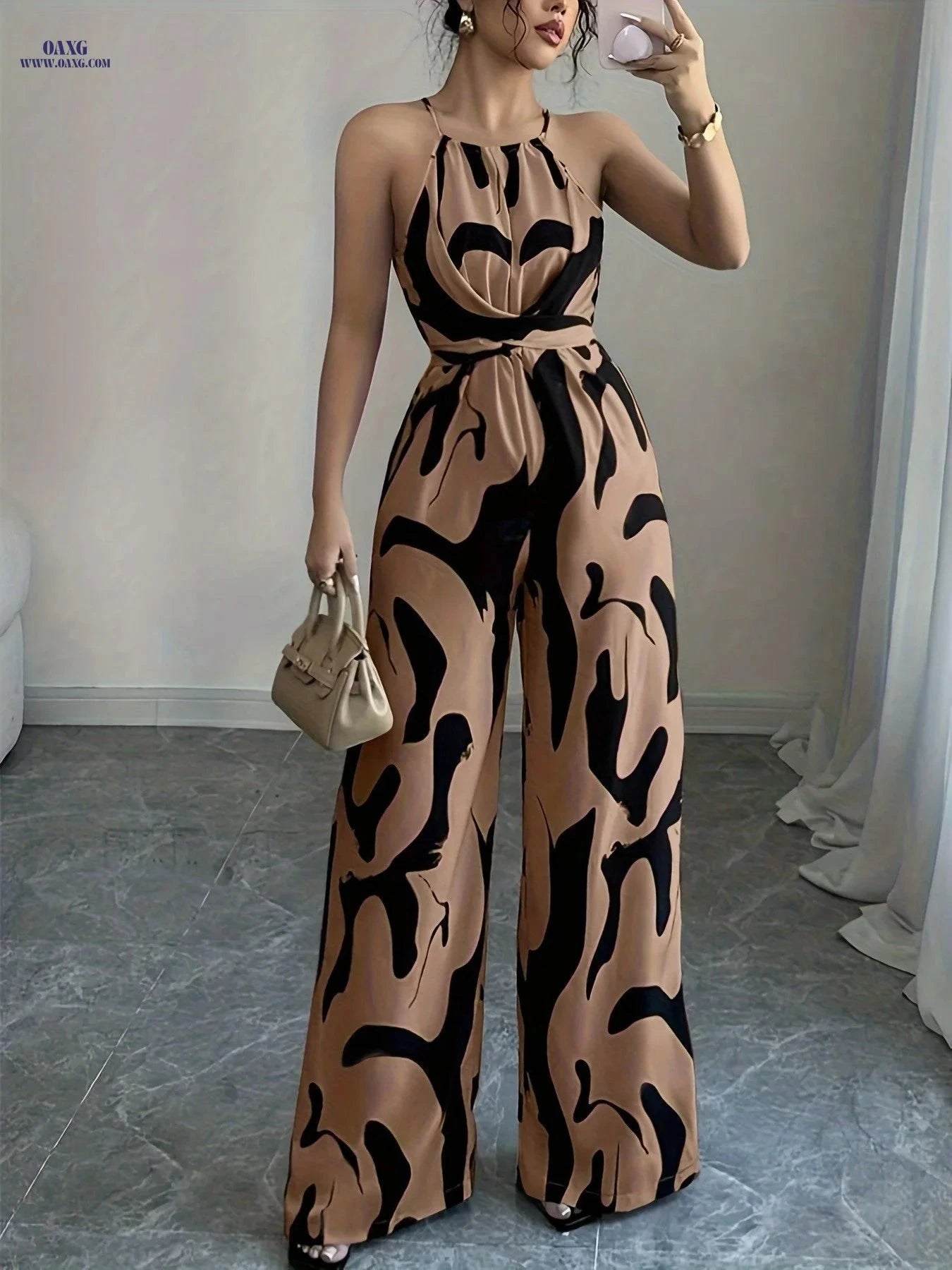 Elegant Women's High Waist Jumpsuit - Halter Neck, Abstract Print   OAXG Mixed Color / S