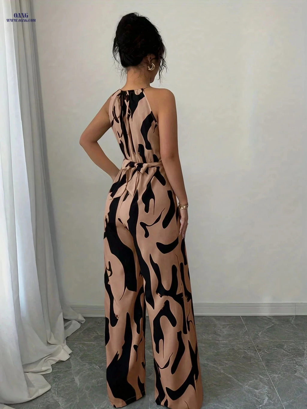 Elegant Women's High Waist Jumpsuit - Halter Neck, Abstract Print   OAXG Mixed Color / S