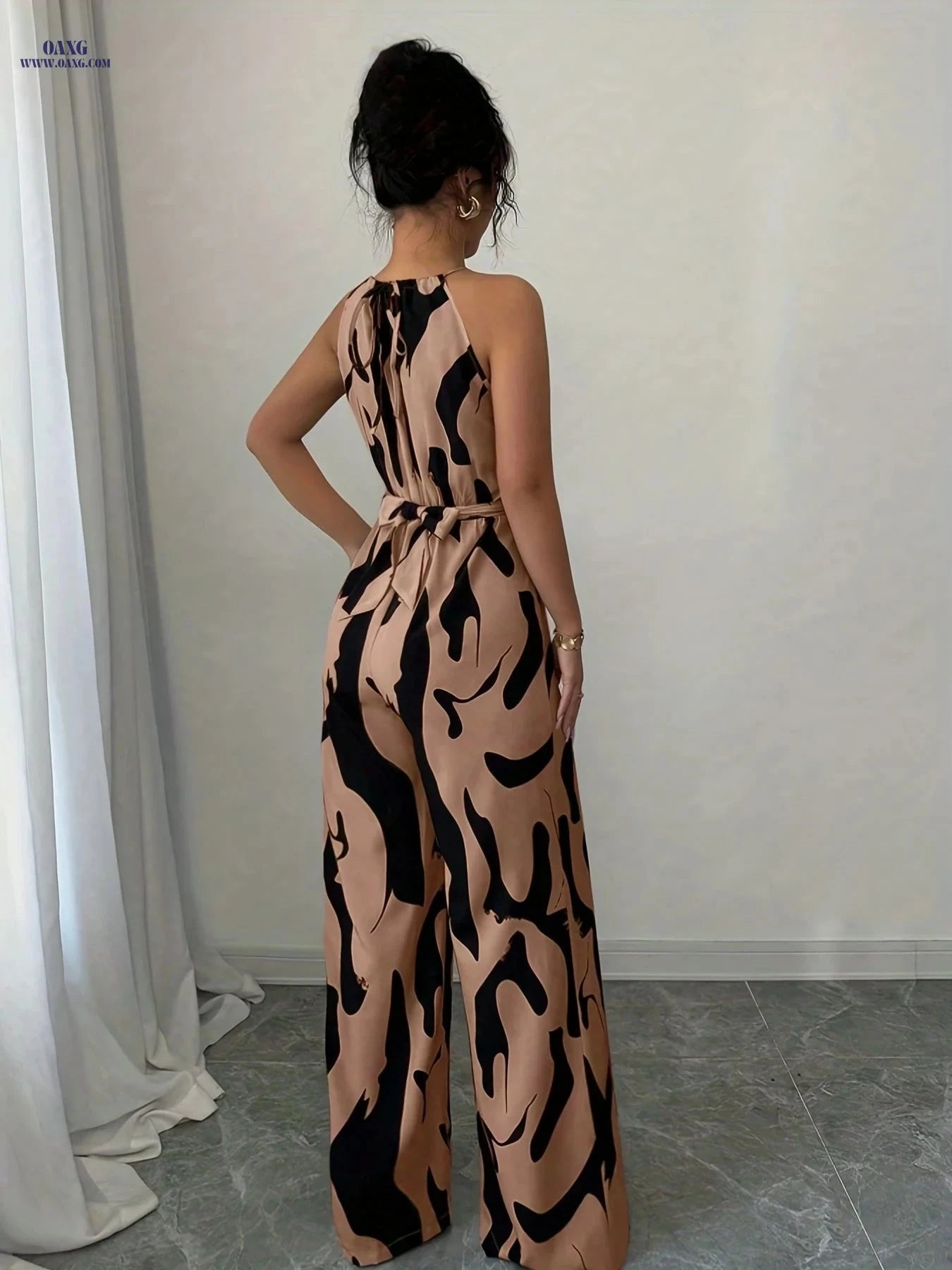 Elegant Women's High Waist Jumpsuit - Halter Neck, Abstract Print   OAXG Mixed Color / S