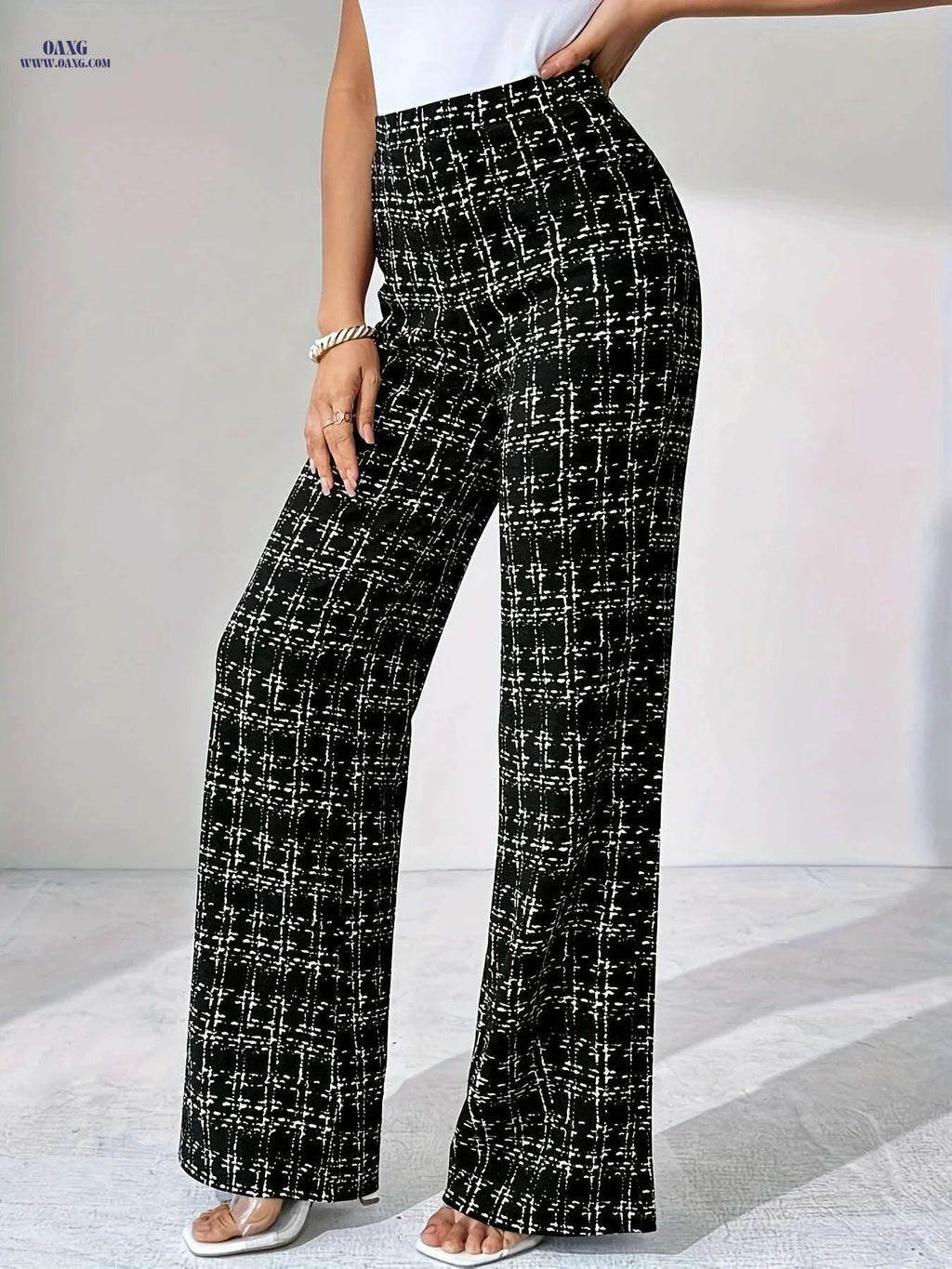 Elegant Women’s High-Waist Plaid Pants - Comfortable Wide Leg Style   OAXG Black / S
