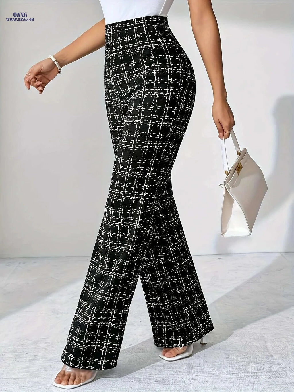 Elegant Women’s High-Waist Plaid Pants - Comfortable Wide Leg Style   OAXG Black / S