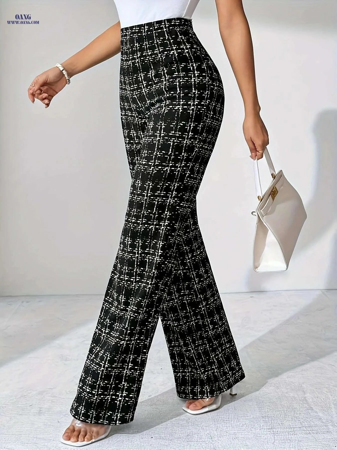Elegant Women’s High-Waist Plaid Pants - Comfortable Wide Leg Style   OAXG Black / S