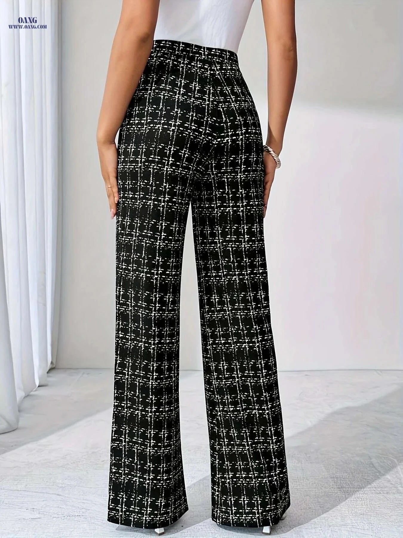 Elegant Women’s High-Waist Plaid Pants - Comfortable Wide Leg Style   OAXG Black / S