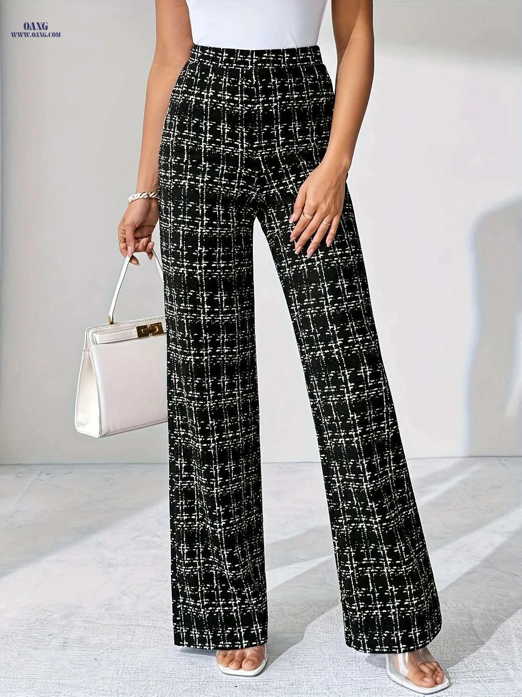 Elegant Women’s High-Waist Plaid Pants - Comfortable Wide Leg Style   OAXG Black / S