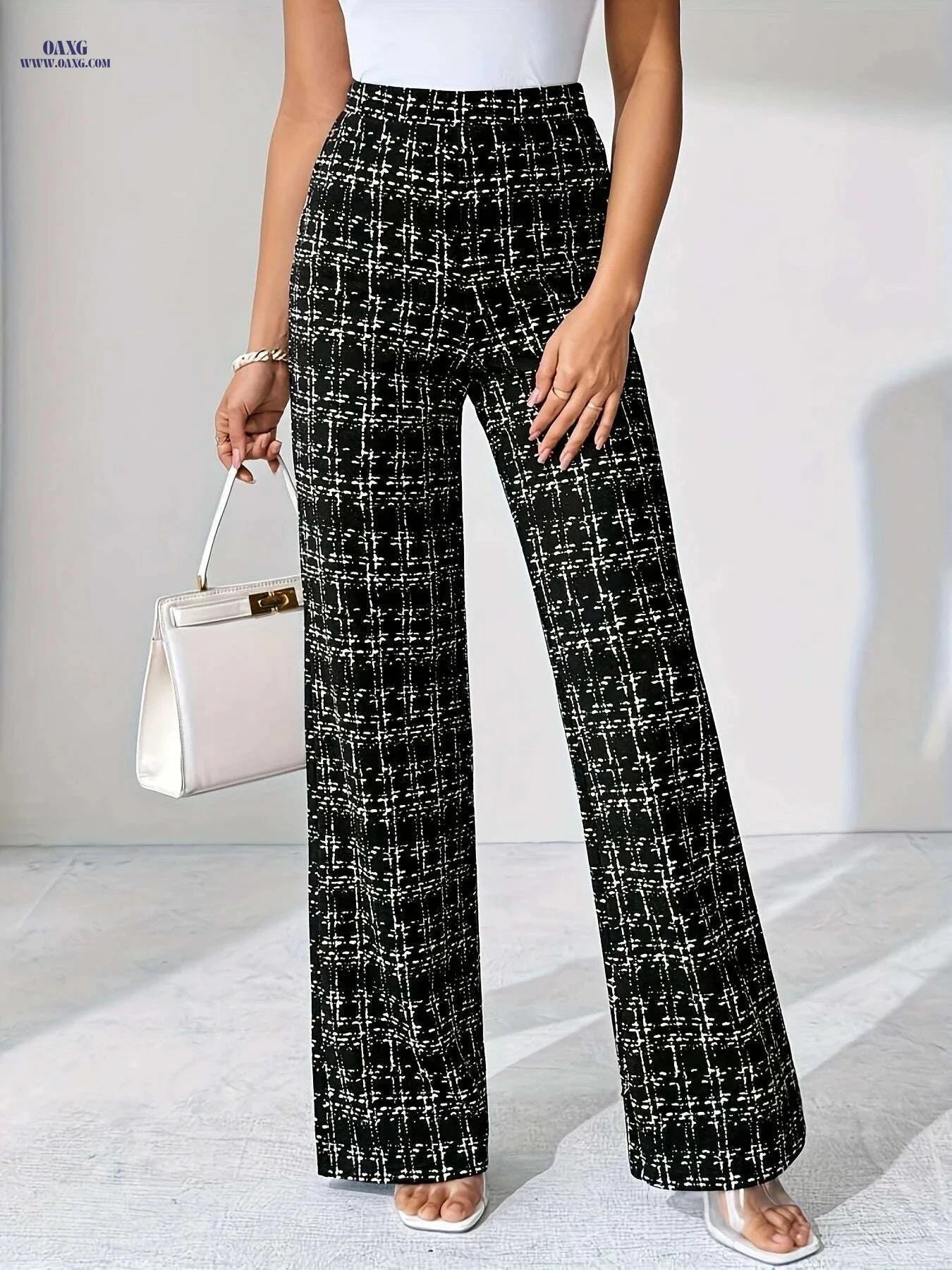 Elegant Women’s High-Waist Plaid Pants - Comfortable Wide Leg Style   OAXG Black / S