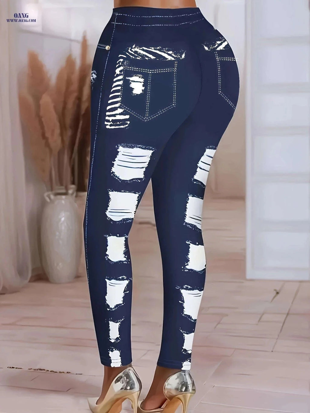 Elegant Women's High-Waist Printed Imitation Denim Pants - Ripped Design   OAXG Navy Blue / S
