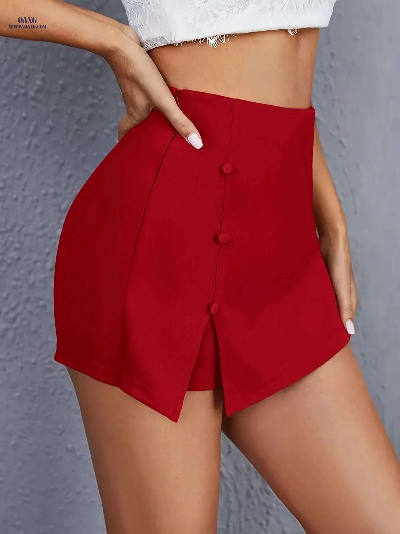 Elegant Women's High-Waisted Brownred Skirt - With Pockets & Slit   OAXG 