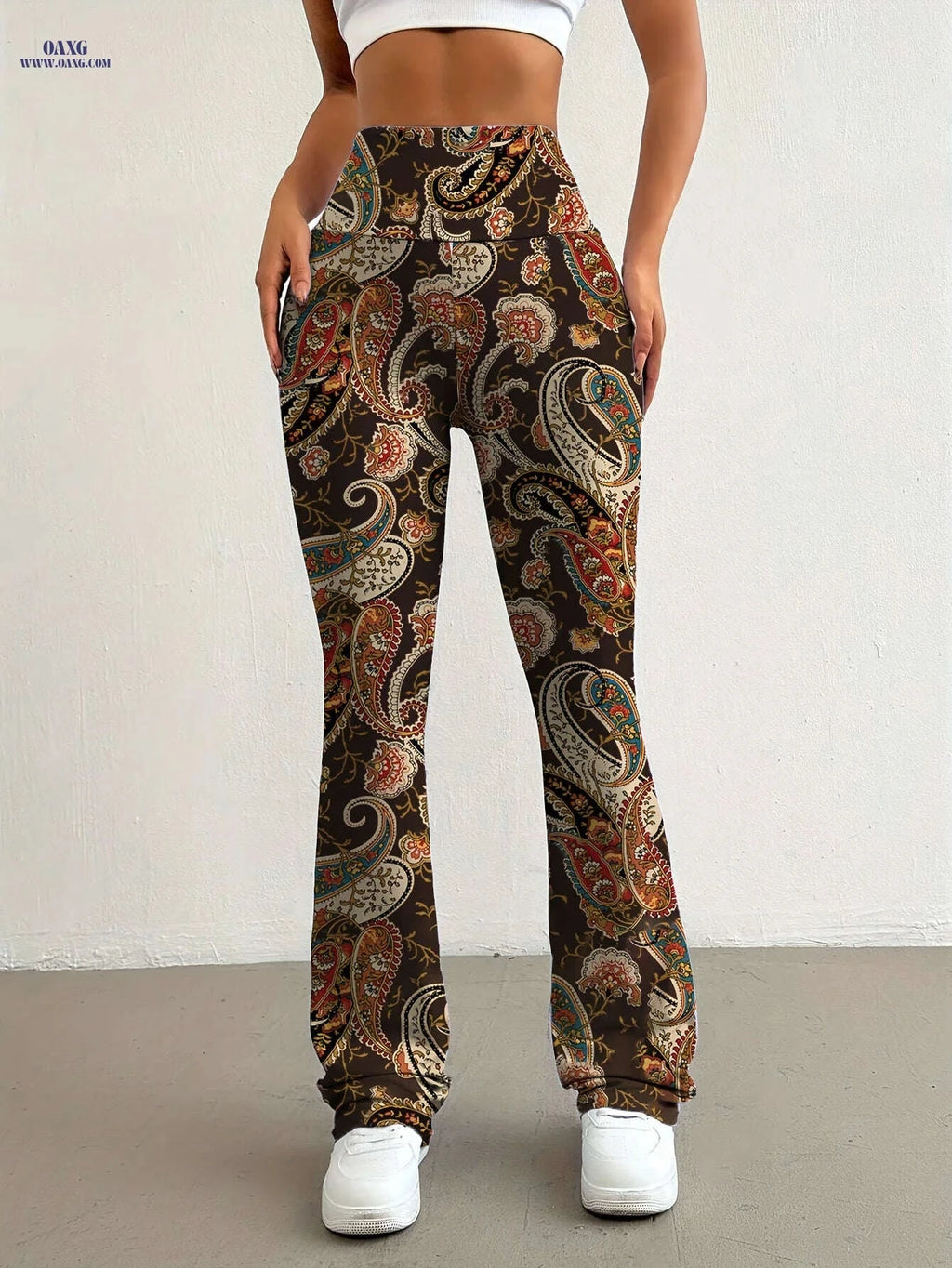 Elegant Women's High-Waisted Flared Pants - Floral Print, All Seasons   OAXG 