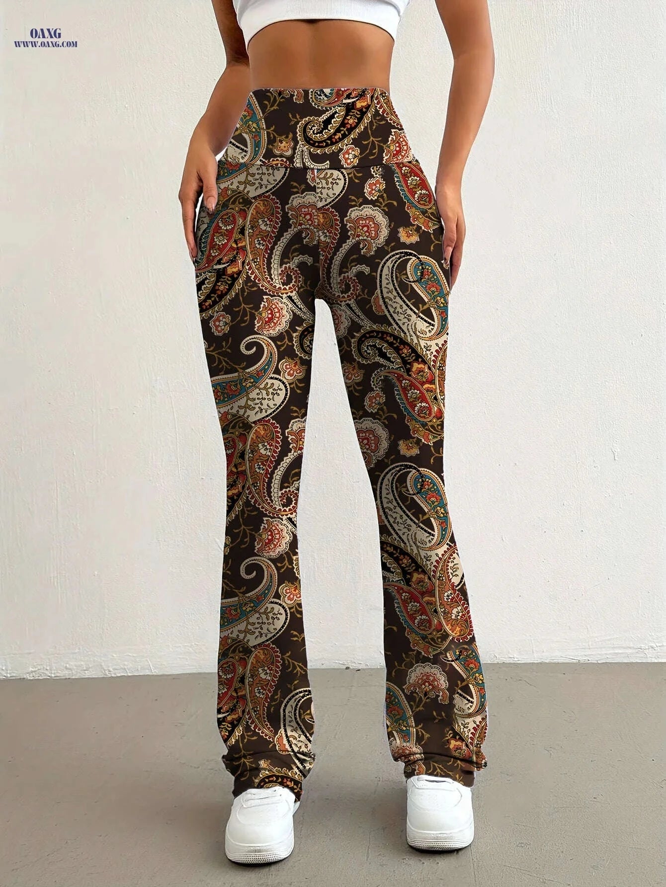 Elegant Women's High-Waisted Flared Pants - Floral Print, All Seasons   OAXG 